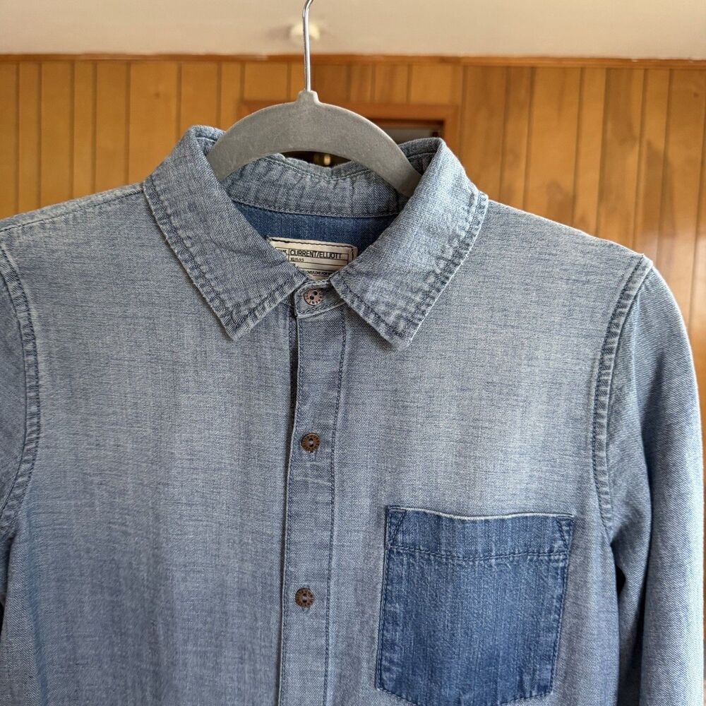 Current Elliott Two Tone Denim Shirt Dress Light Mid Wash Size 2 Mini Skirt - Picture 5 of 16